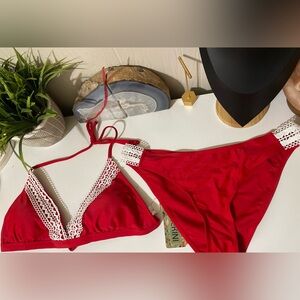 Red Lace Trim Bikini Set